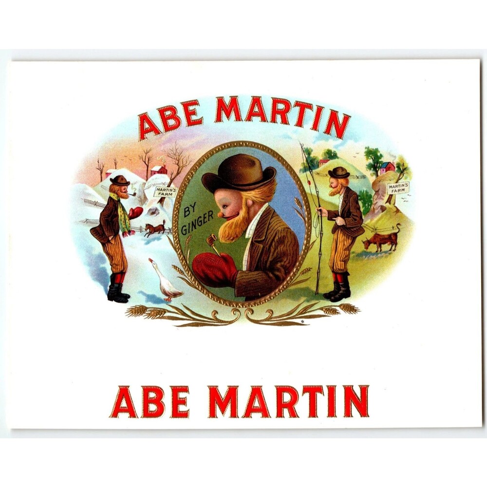 Abe Martin Cigar Box Label Farmer Man Fishing Pole Embossed Vintage Original